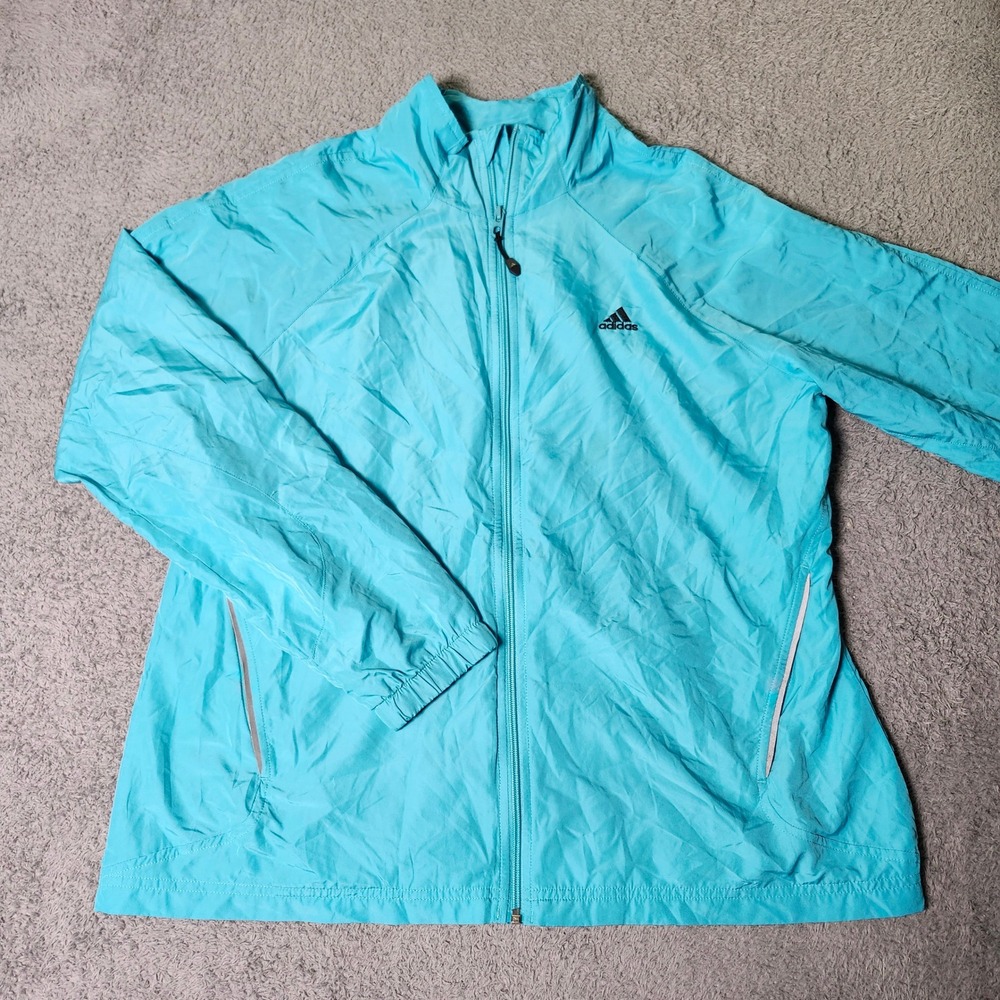 Adidas Womens XL Windbreaker Jacket Turquoise Blue 3-Stripe Mesh Lined Full Zip